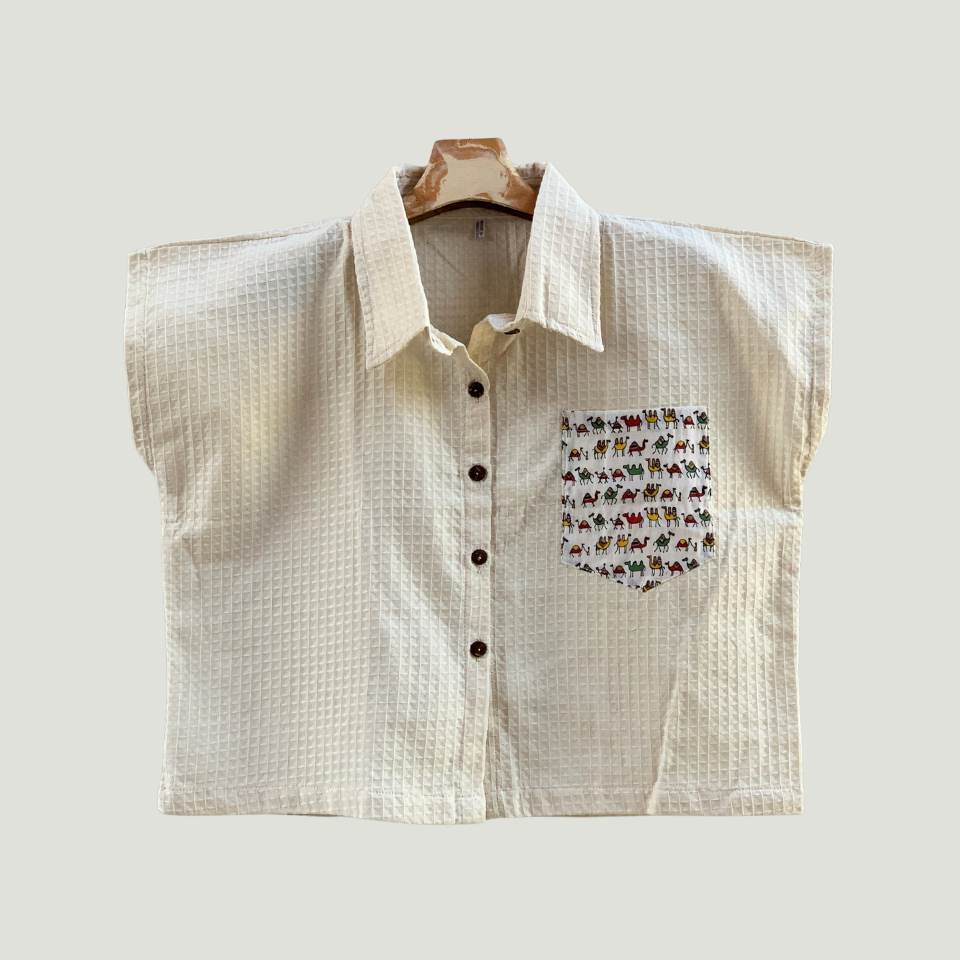 เสื้อผ้าฝ้ายคอเชิ้ตแขนกุด ทรงครอปตัวสั้นน่ารักสวยสมวัย สไตล์ y2k ขนาดฟรีรอบอก 44 นิ้ว