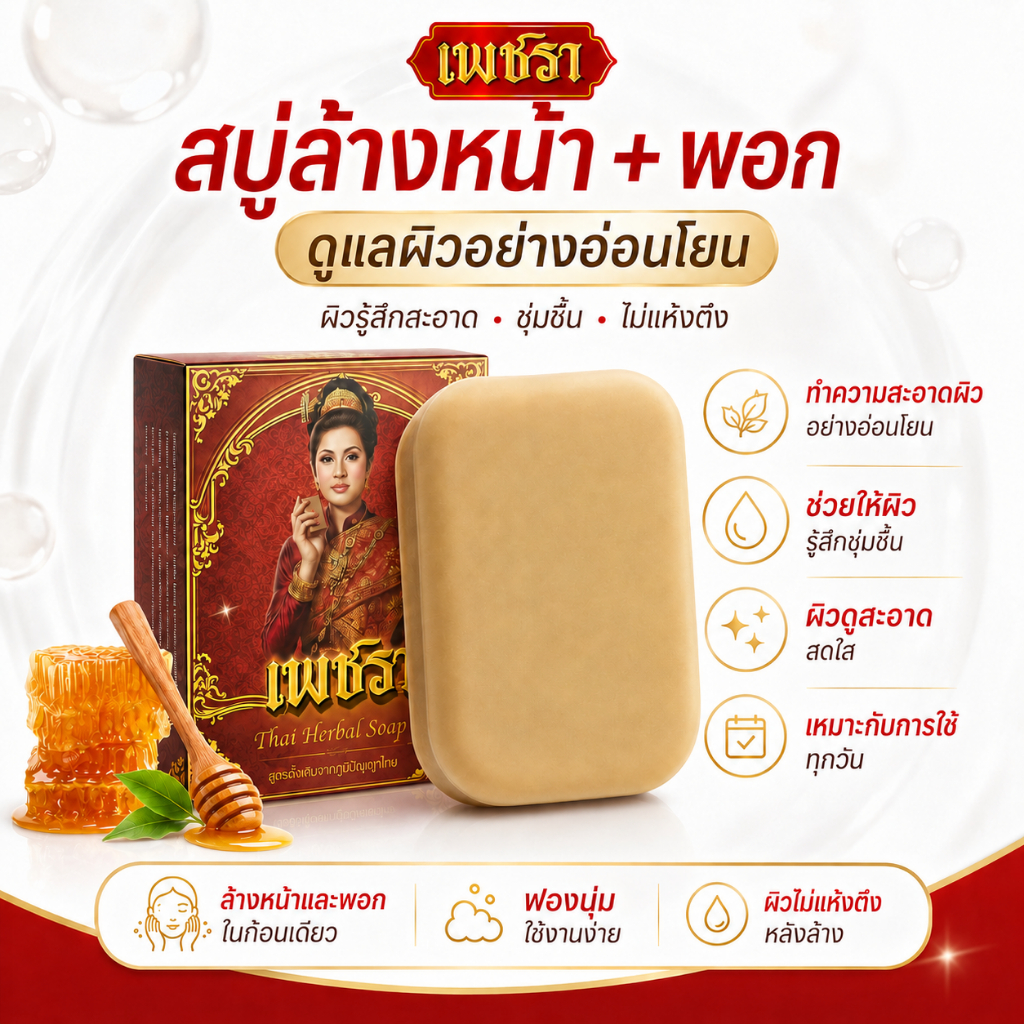 สบู่เพชรา Phetchara 1 ก้อน สบู่ล้างหน้า สบู่หน้าใส ผิวกระจ่างใส ลดเลือนจุดด่างดำ ผิวหมองคล้ำ ผิวนุ่มชุ่มชื้น