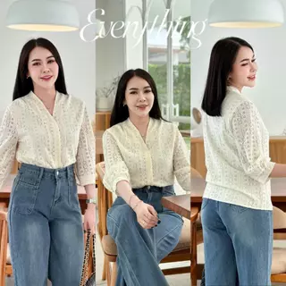 Everything2019 - เสื้อผู้หญิงคอวี ผ้าฉลุ แขน5ส่วน มีซับใน ใส่ไปวัดทำบุญสวยมาก (2012-1)