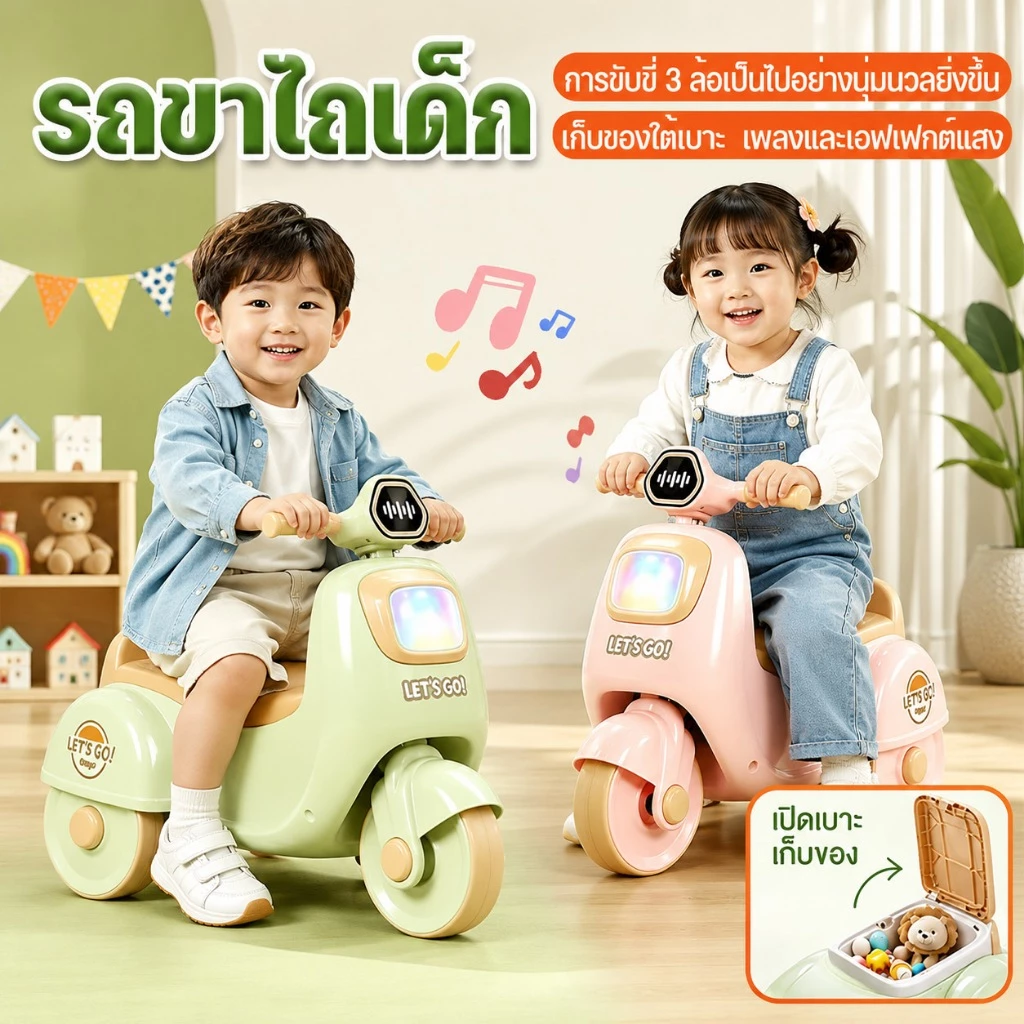 รถขาไถเด็กมอเตอร์ไซค์ 3ล้อ มีไฟLED+เพลงเพลิน กล่องเก็บของท้าย เบาะนุ่ม เหมาะ1-5ขวบ ของเล่นเสริมพัฒนาการ