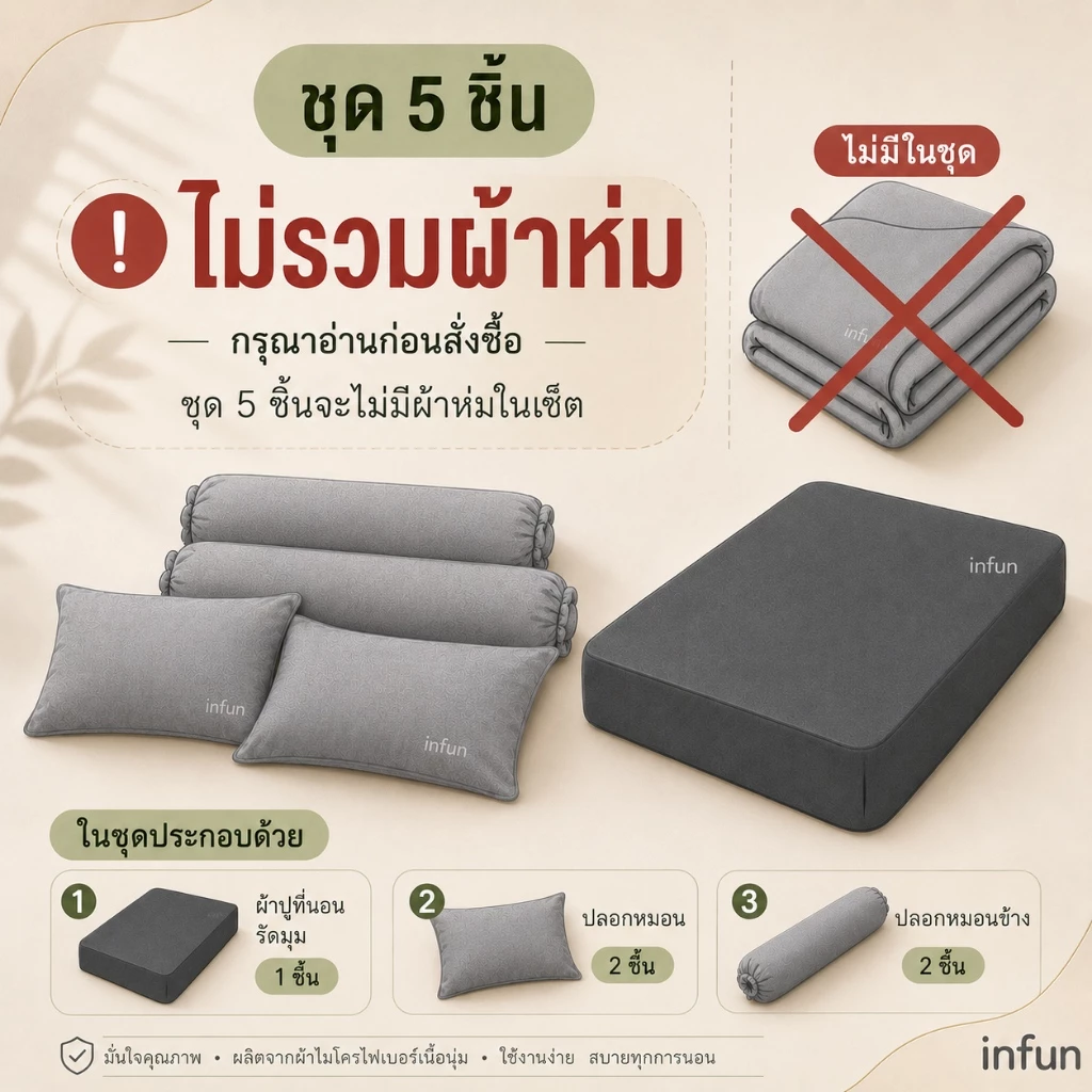 INFUN ชุดผ้าปูที่นอน 6 ชิ้นพร้อมผ้านวม 3.5/5/6 ฟุต ผ้าคอตตอน thumbnail 4