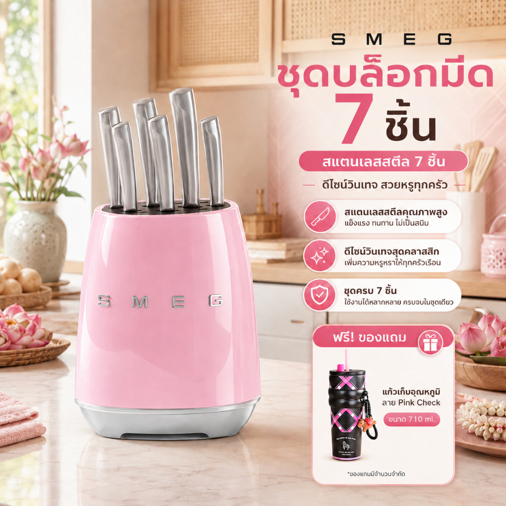 【แถมแก้วเก็บความร้อนฟรี】SMEG ชุดมีดทำครัว 6 ชิ้น มีดสแตนเลส พร้อมบล็อกเสียบมีดสไตล์วินเทจ ใบมีดคม คุณภาพสูง