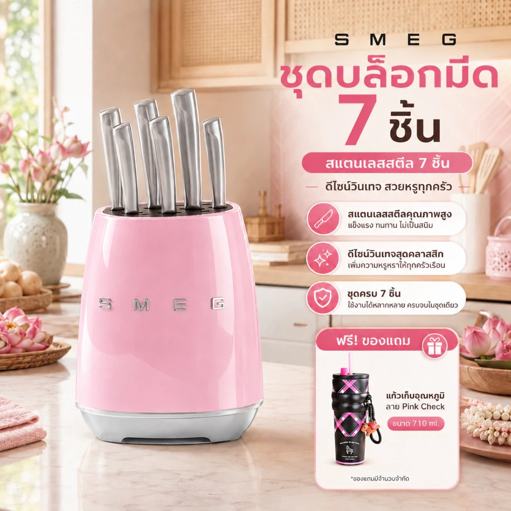 【แถมแก้วเก็บความร้อนฟรี】SMEG ชุดมีดทำครัว 6 ชิ้น มีดสแตนเลส พร้อมบล็อกเสียบมีดสไตล์วินเทจ ใบมีดคม คุณภาพสูง