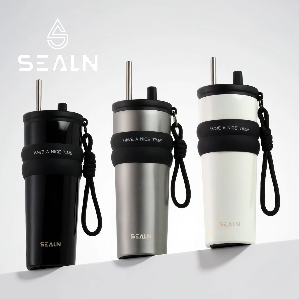 SEALN(710ml/24oz)แก้วเก็บความเย็นสแตนเลส เก็บความร้อนและเย็นได้ เคลือบเซรามิกภายใน มาพร้อมหูจับและหลอดดูดน้ำ