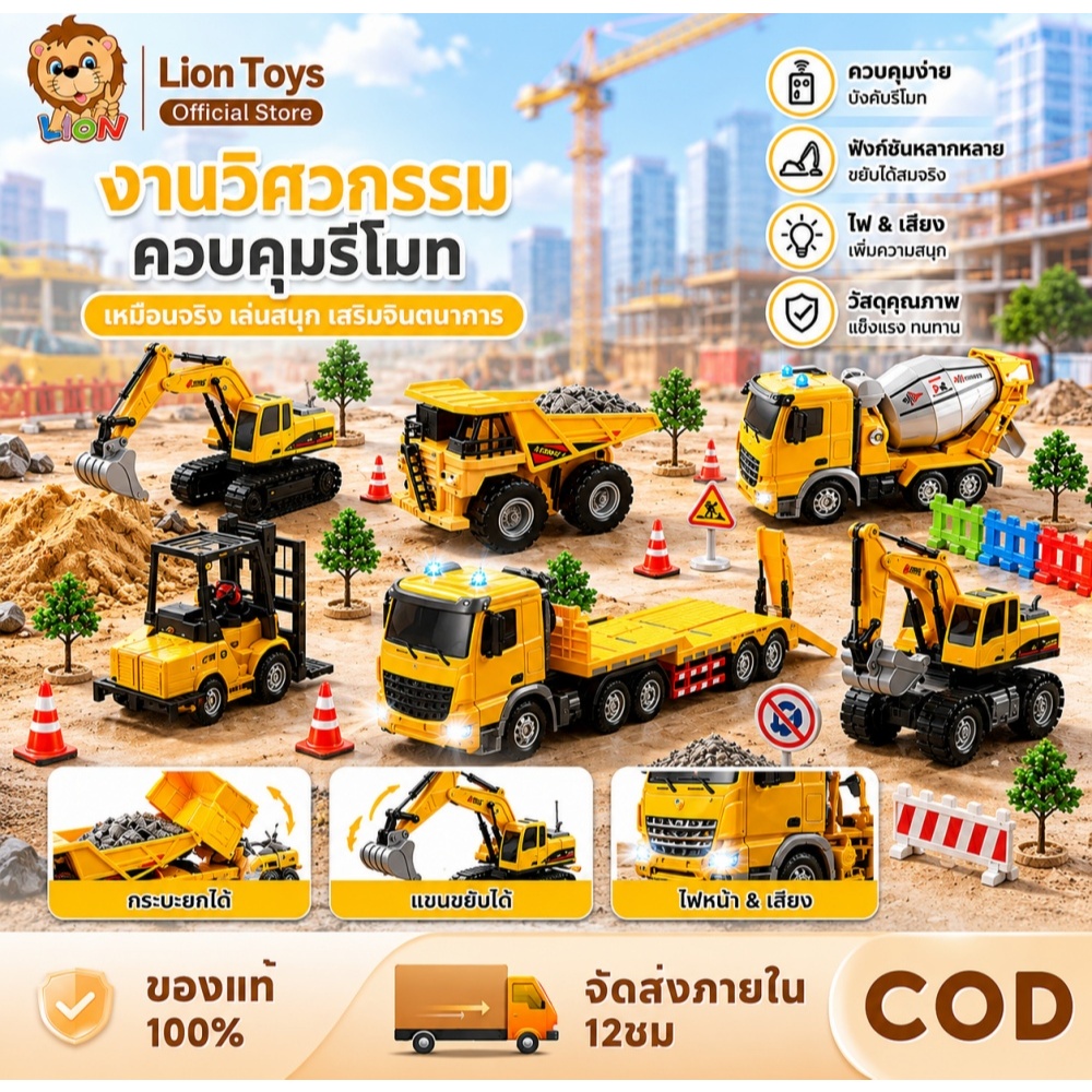 LionToys ชุดรถวิศวกรรมของเล่นสำหรับเด็ก พร้อมรถตัก รถดัมพ์ รถปูน และรีโมทคอนโทรล เล่นสนุกจริง