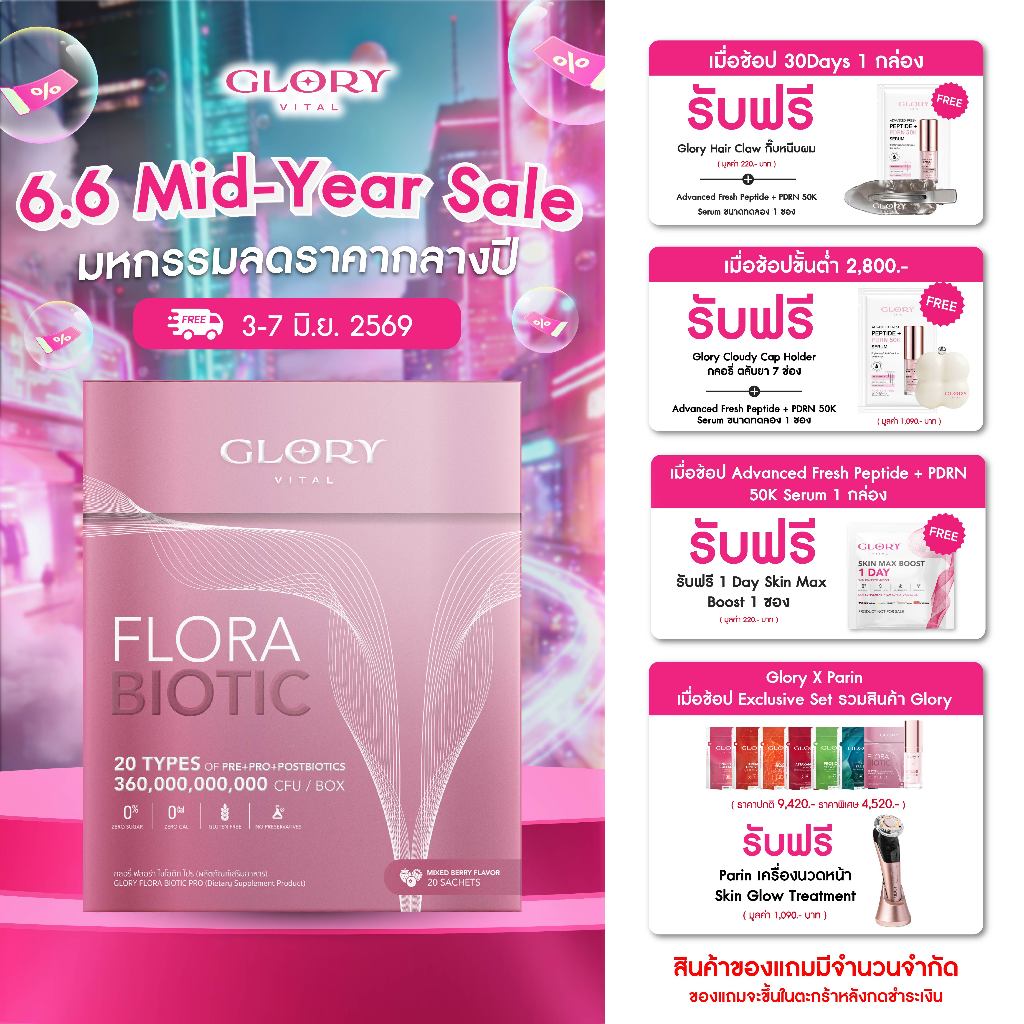 Glory Flora Biotic ฟลอร่า ไบโอติก Pre+Pro+Postbiotics รวม 20 ชนิด รสมิกซ์เบอรี่