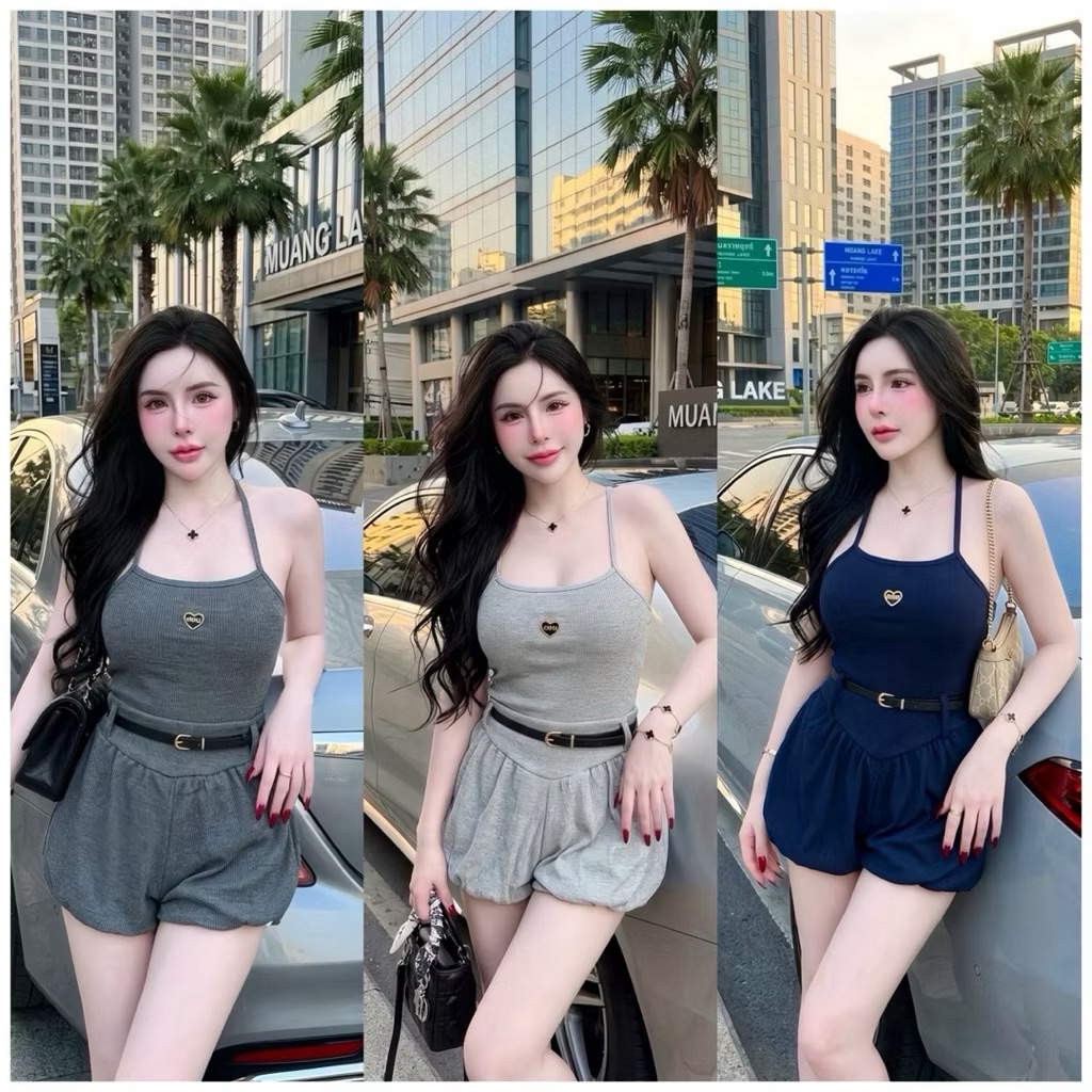 👗พร้อมส่ง👗 ชุดเซ็ท4ชิ้น เสื้อสายเดี่ยว+กางเกงบอลลูน+เข็มขัด+เข็มขัด ลุคไฮโซ งานจึ้งมากกกก