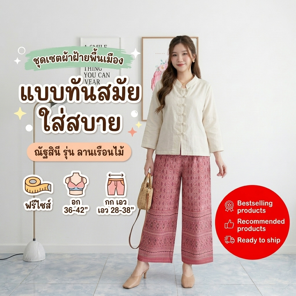 ชุดผ้าไทยประยุกต์ “ลานเรือนไม้” เสื้อผ้าฝ้ายคอจีน + กางเกงผ้าทอพื้นเมือง