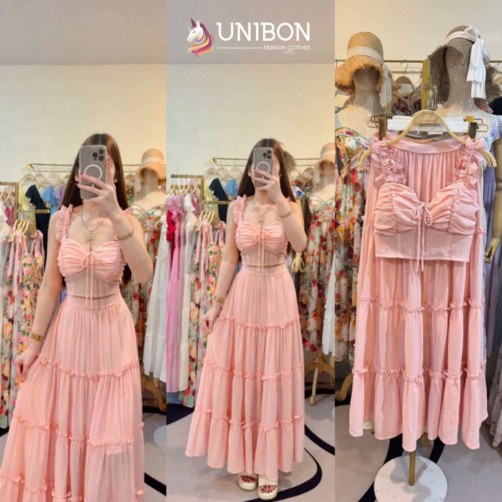 N14💐🏝️Freesize ชุดเซทกระโปรง เสื้อครอปแขนระบาย+กระโปรงมีซิปข้าง🏝️ใส่เที่ยวทะเล เที่ยวเขา สวยมากจ้า