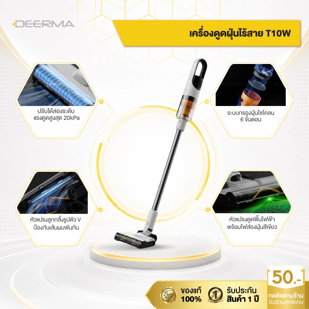 Deerma T10W เครื่องดูดฝุ่นไร้สาย 20Kpa แบบมือถือ พร้อมไฟเขียวส่องฝุ่น น้ำหนักเบาพิเศษ 1.1 Kg เหมาะสำหรับใช้ในบ้าน thumbnail 3