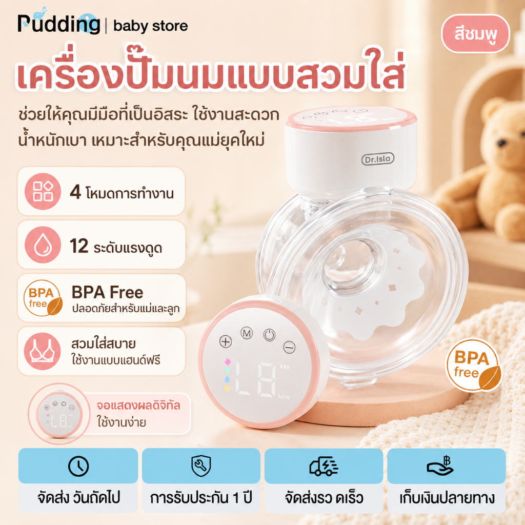 เครื่องปั๊มนมไฟฟ้าแบบสวมใส่ ไม่ต้องใช้มือจับ อัตโนมัติ มีระบบนวด ปรับความถี่ได้ ใช้ง่าย พกพาสะดวก และไม่เจ็บ