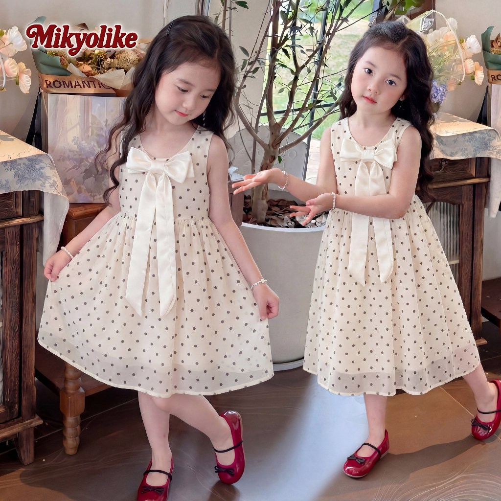 Mikyolike 2-12 ปี ชุดลายจุด เด็กผู้หญิง แขนกุด ประดับด้วยโบว์ ผ้าทูลล์ ชุดเดรสสีขาวเด็กผู้หญิง ผ้าหนุ่ม ใสสบาย