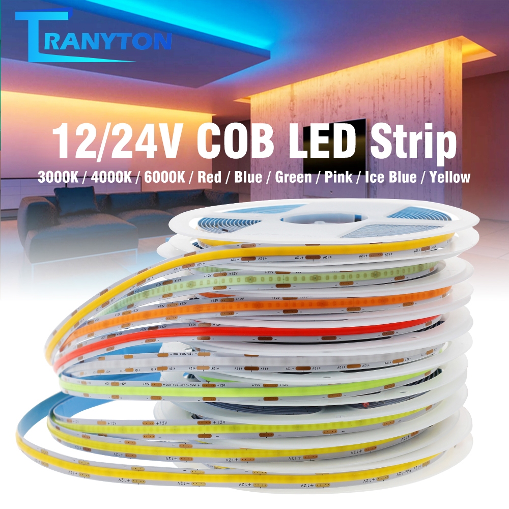 แถบไฟ COB แบบยืดหยุ่น 5M DC12V 24V แถบไฟ 320LEDSดวง แถบไฟตกแต่งห้อง ตัดได้ หลากหลายสีพร้อมแผ่นรองกาว