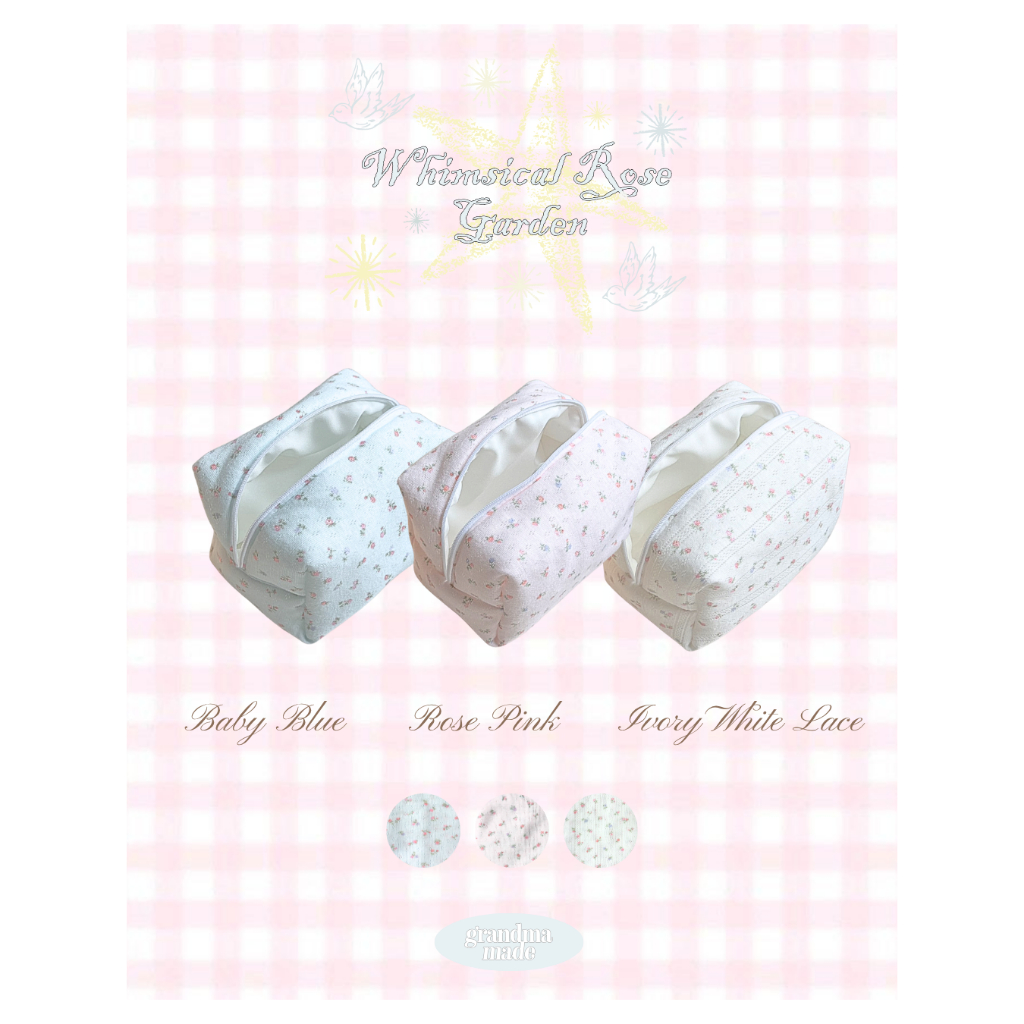 grandmamade pouch bag กระเป๋าใส่ของจุกจิก กระเป๋าอเนกประสงค์ / whimsical rose garden / pointelle pouch / pointelle bag