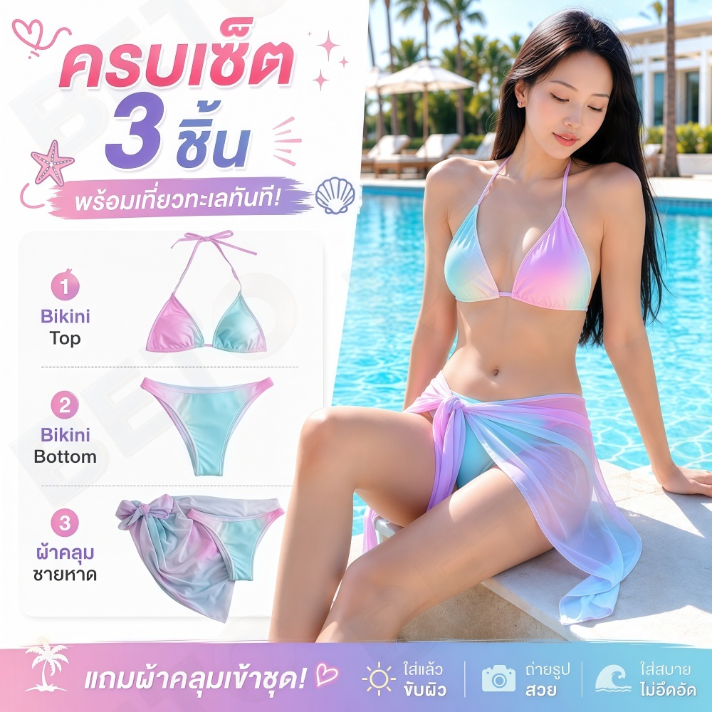 A97-บิกินี่ทูโทนพาสเทล ชุดว่ายน้ำผู้หญิงแฟชั่นเกาหลี เซตบิกินี่พร้อมผ้าคลุมเอว ชุดไปทะเลเซ็กซี่น่ารัก สินค้าพร้อมส่งไทย