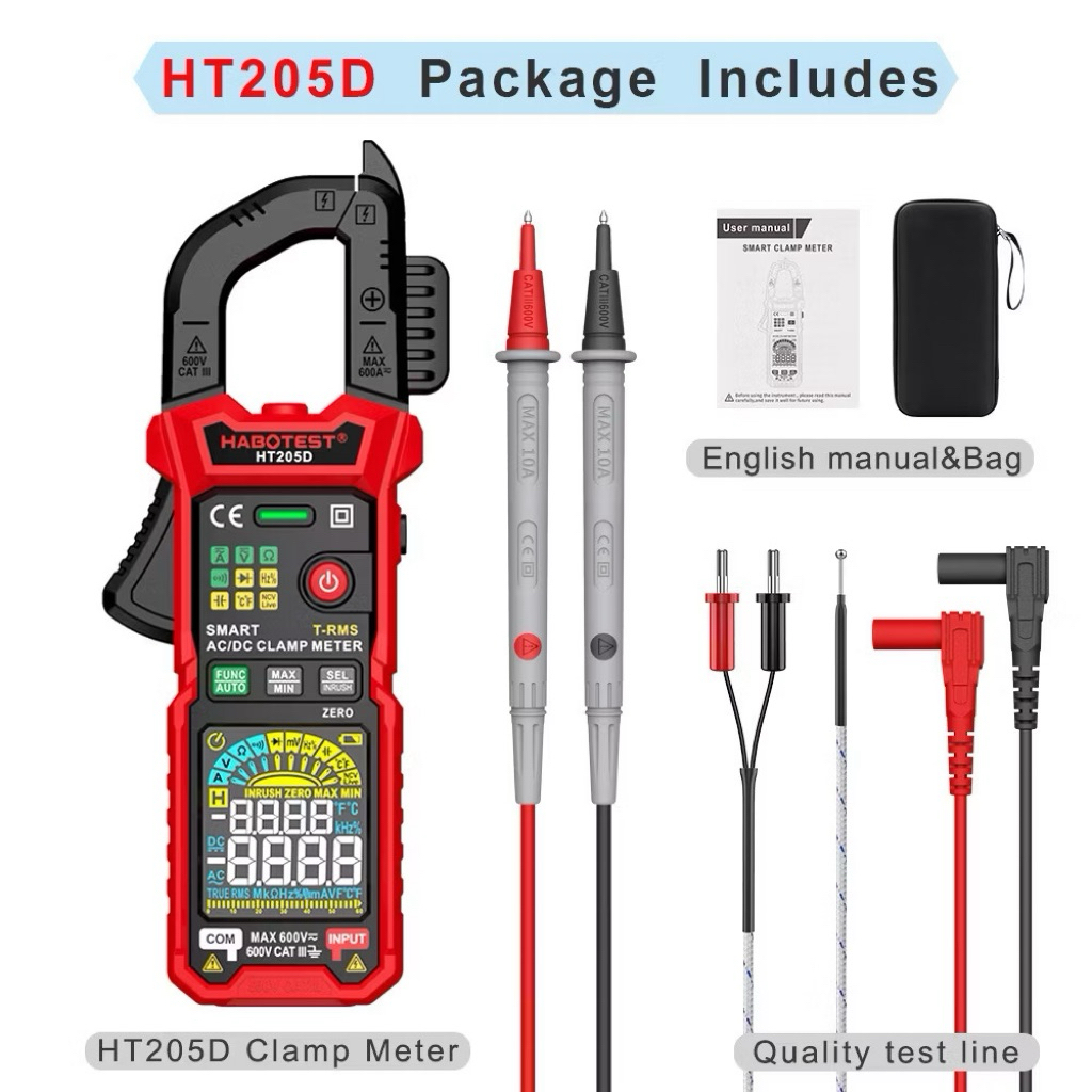 HABOTEST HT205D ดิจิตอลแคลมป์มิเตอร์ แคลมป์มิเตอร์ 600A AC/DC กระแสไฟ และ 600V AC DC ทดสอบแรงดันไฟฟ้