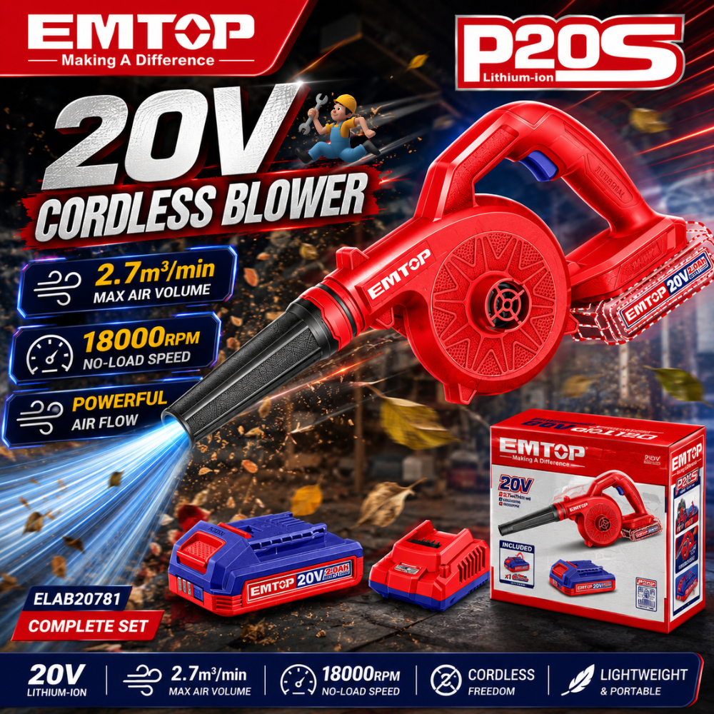 EMTOP เครื่องเป่าลมแบต เป่าลมไร้สายไร้แปรงถ่าน 2.7M รุ่น ELAB20781 (แถมแบตเตอรี่ 2.0Ah 1 ก้อนพร้อมแท่นชาร์จ)