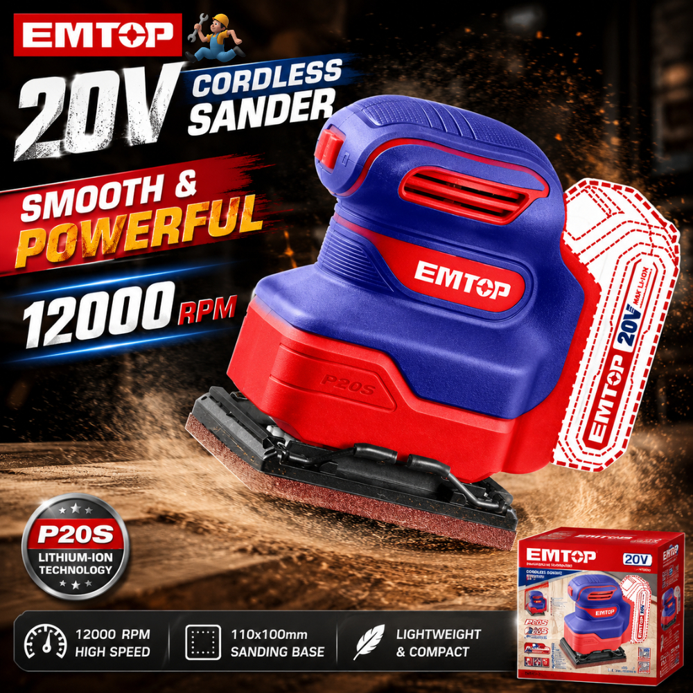 EMTOP เครื่องขัดกระดาษทรายไร้สายไร้แปรงถ่าน 20V รุ่น ELSHS2014 (ตัวเปล่าไม่แถมแบตเตอรี่และที่ชาร์จ)