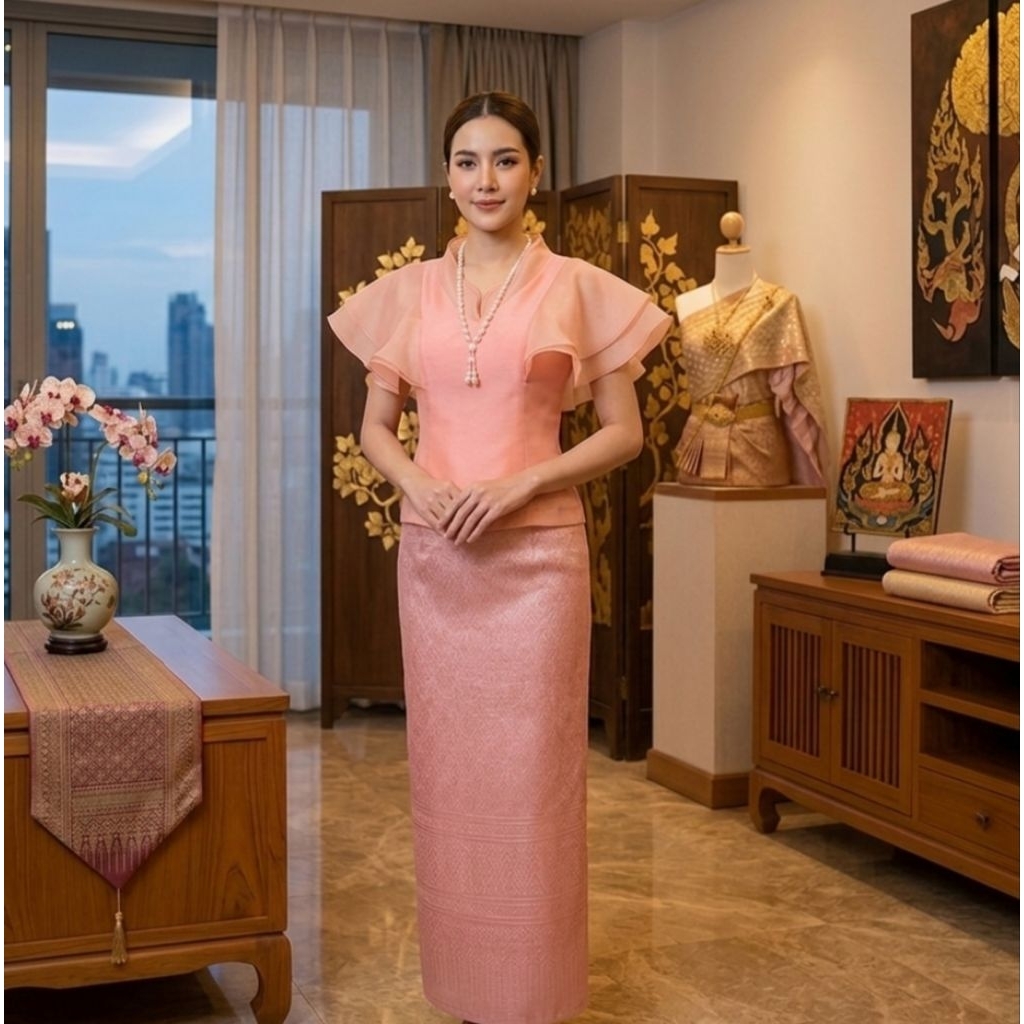 🎠 เสื้อผู้ใหญ่ ผ้าไหมแก้ว แถมผ้าถุงเข้าชุด เสื้อออกงานบุญ ชุดไทยประยุกต์ ผ้าไหมแก้ว Size M-3XL (อก 36"-44") Thai