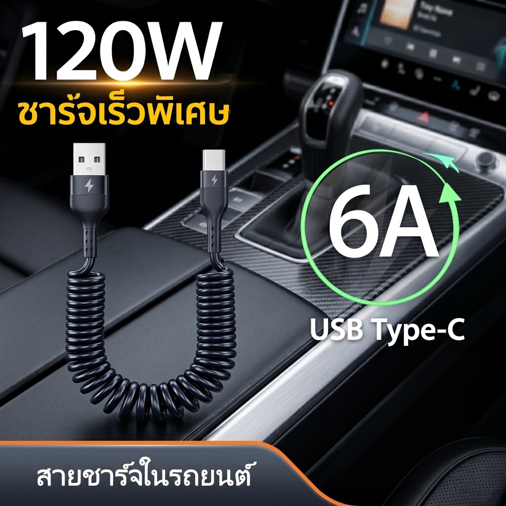 สายชาร์จเร็วในรถแบบสปริง 120W  Type C to C/iOS/Micro USB สายชาร์จยืดหดได้ สายชาร์จเร็ว สำหรับมือถือ แท็บเล็ต