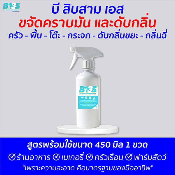 B13S ขจัดคราบ​มัน​ ดับกลิ่น และยับยั้ง​เชื้อ​ด้วยความ​ด่าง​สูง ​สูตรพร้อมใช้ ขนาด 450 มิล 1 ขวด