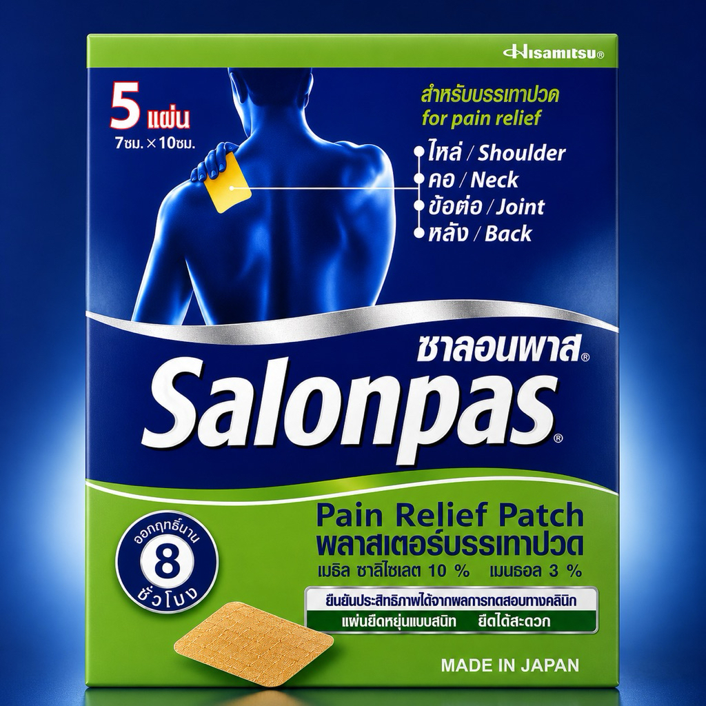 Salon Pas Cooling Patch 7x10 cm บรรจุ 5 แผ่น แผ่นแปะสูตรเย็นยอดนิยมจากญี่ปุ่น ติดสบาย อ่อนโยนต่อผิว ใช้งานง่าย พกพาสะดวก