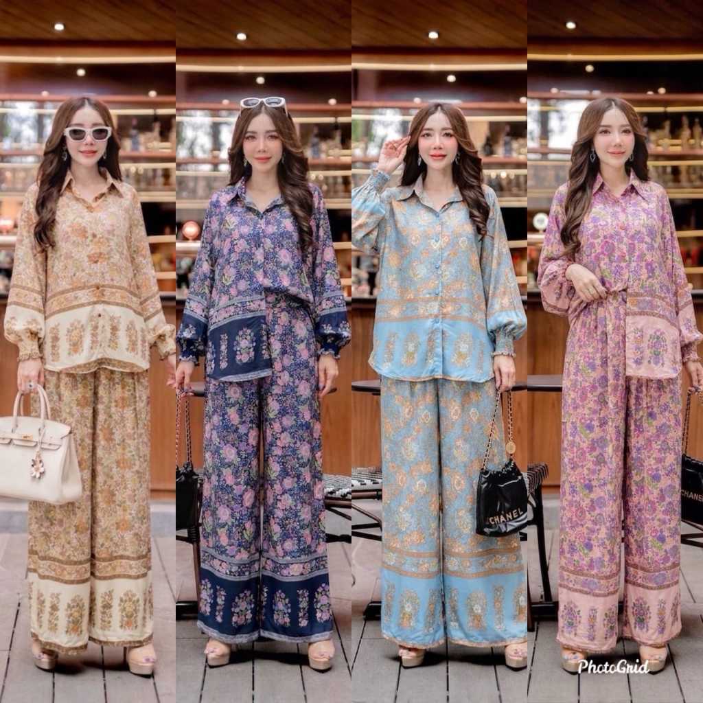 ส่งฟรีมีโค๊ดลดราคา ชุดเซ็ตเสื้อเชิ้ตฮาวายลายดอกไม้+กางเกงขายาว ชุดผู้หญิงใส่ไปเที่ยวแฟชั่นสาวอวบ