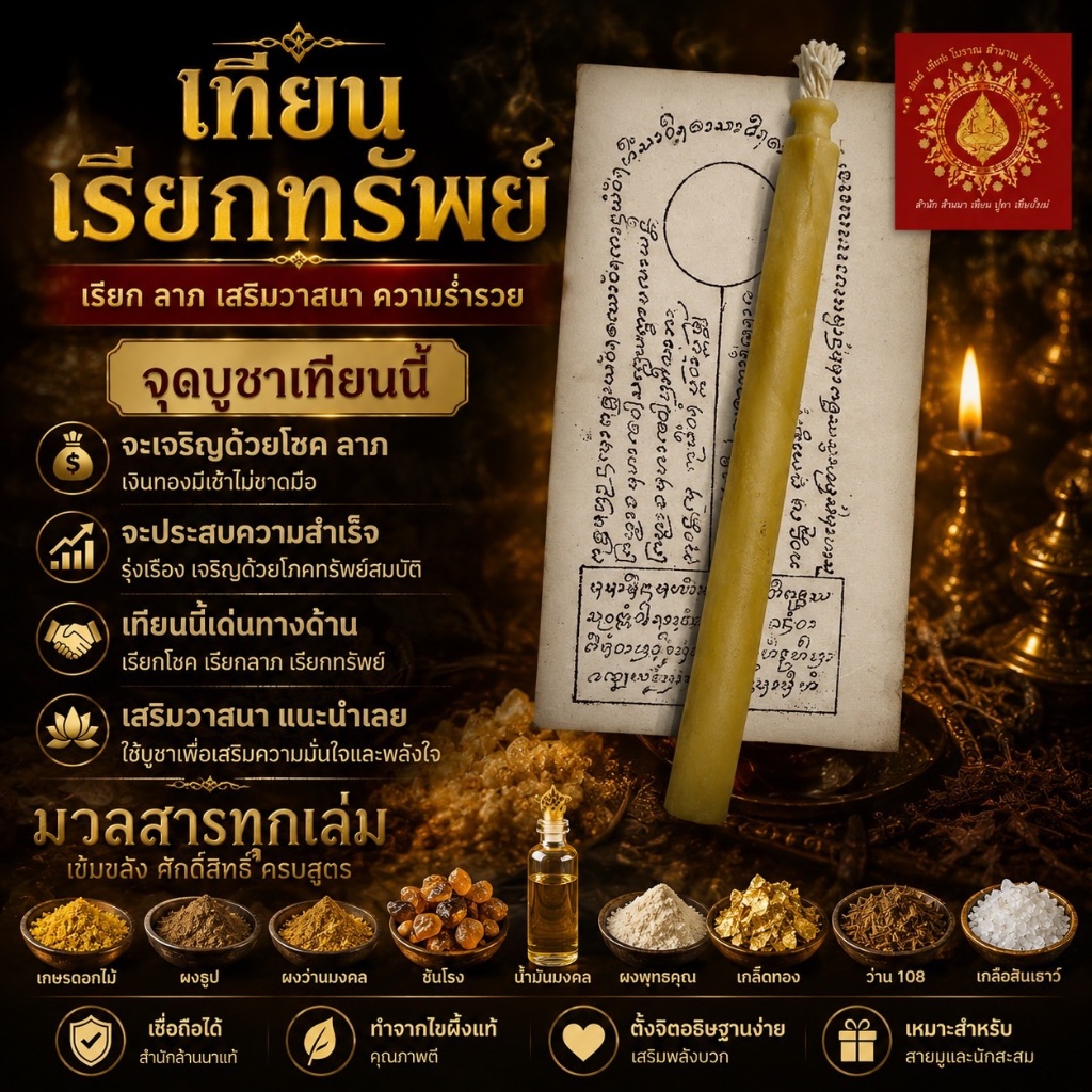 เทียนเรียกทรัพย์เรียกลาภ ล้านนา ขี้ผึ้งแท้ ใส่ผงว่านมงคลทุกเล่ม ปลุกเสกก่อนส่ง แถมคาถาวิธีจุด