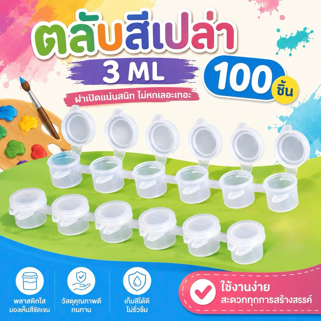 ตลับสีเปล่า พลาสติกใส ขนาด 3มล. สำหรับใส่สี 100 ชิ้น