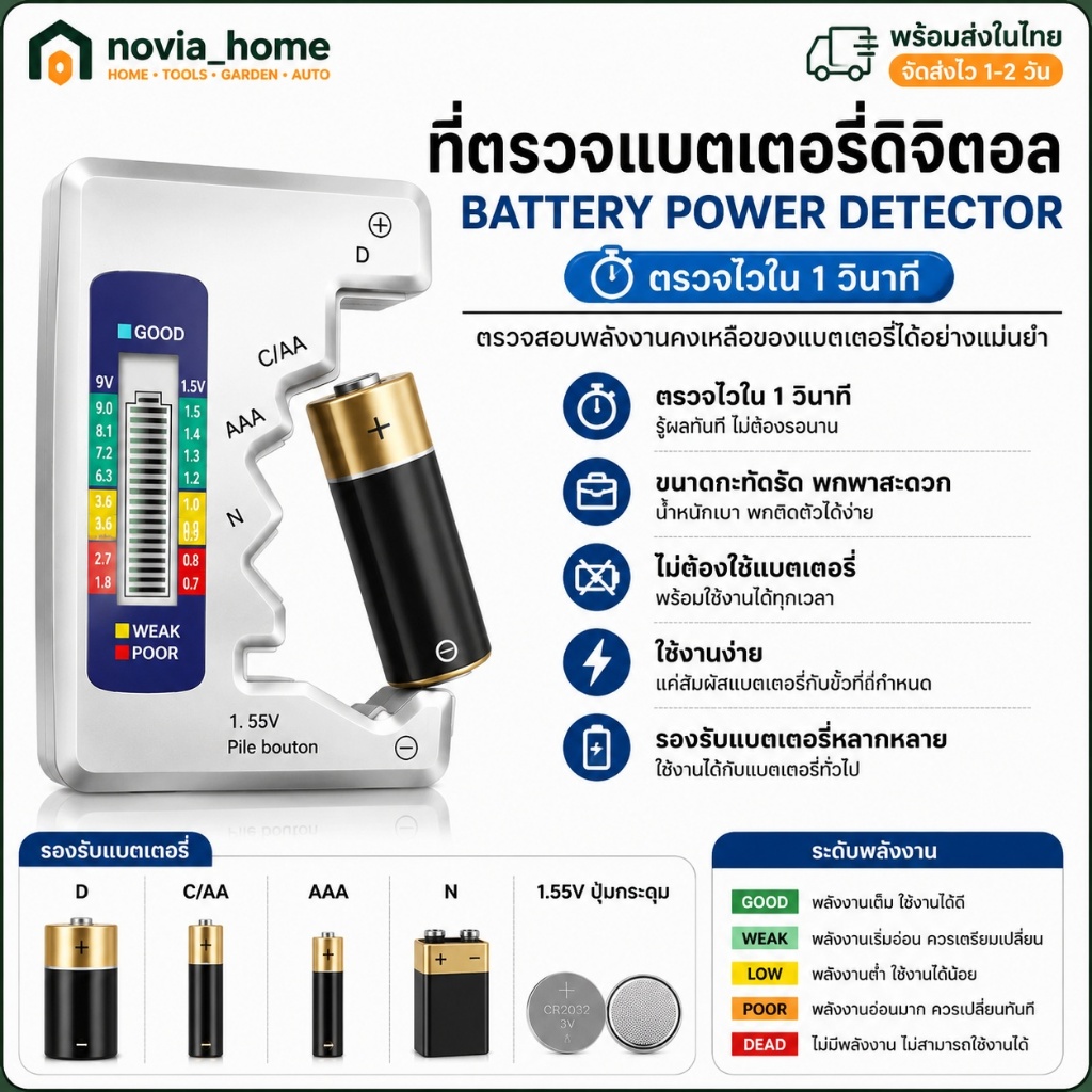 🔥ส่งจากกทม💥ที่ตรวจแบตเตอรี่ดิจิตอล ที่วัดแบตฯ ดิจิตอล วัดได้ทั้ง AA AAA แบตถ่าน 9V วัดเร็ว แม่นยำ ที่วัดแบตเตอรี่ดิจิตอล