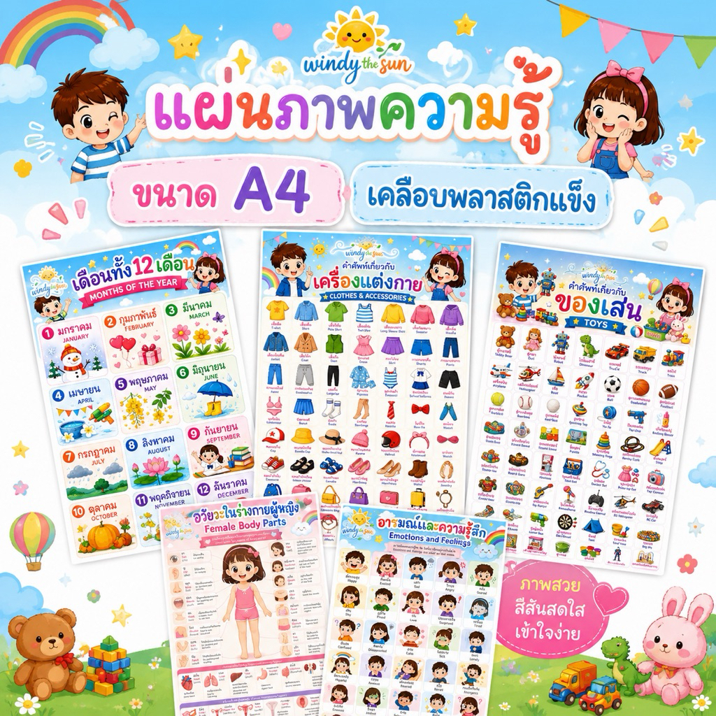 🔆แผ่นภาพความรู้ ขนาด A4 เคลือบแข็ง แบบไม่ซ้ำ คำศัพท์เยอะ สื่อการสอนให้เด็กๆได้เรียนรู้ ห่างไกลจอ Windythesun