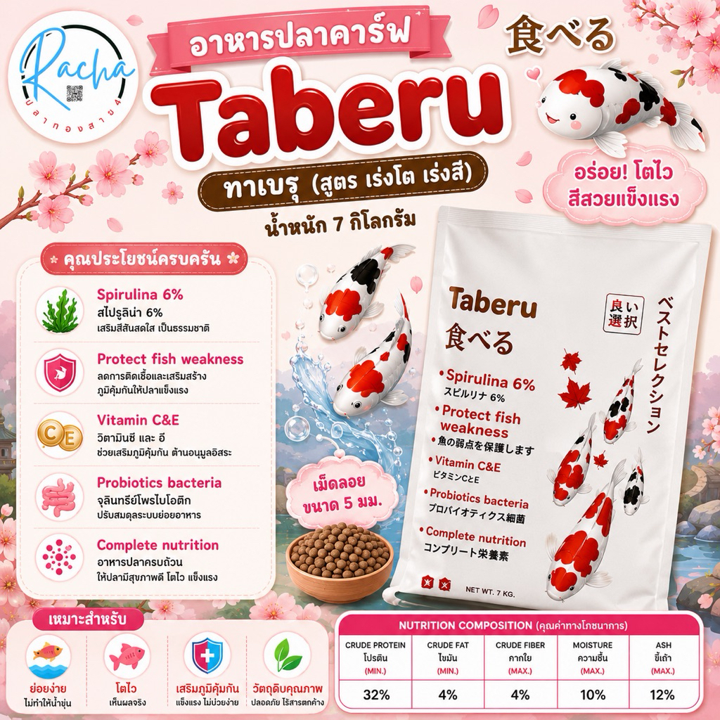 อาหารปลาคราฟ ทาเบรุ taberu ขนาด 7 กก. สูตรเร่งโต เร่งสี