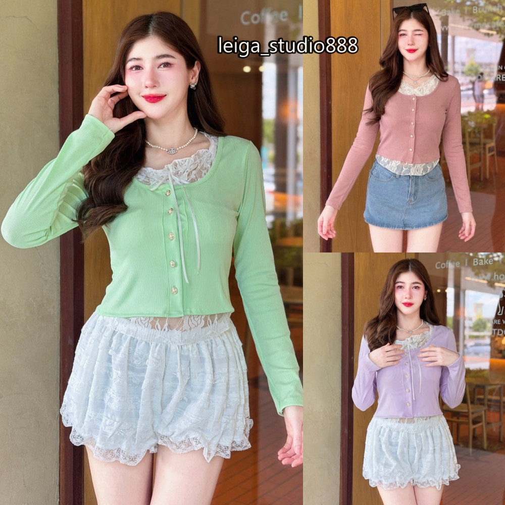 เสื้อแฟชั่น ผ้าร่องเกาหลี  ดีเทล 2 เลอเยอร์ แต่งผ้าลูกไม้ พร้อมสายผูกโบว์  กระดุมหน้า ใส่แมท LG314