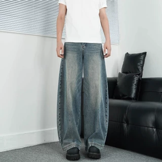 beerbroth- กางเกงยีนส์ยาวชาย ทรงกระบอกเอวสูง สีฟ้าอ่อน ขากว้าง Baggy Jeans ทรงหลวม สไตล์อเมริกันเรโทร ไซส์ใหญ่ เท่ๆ