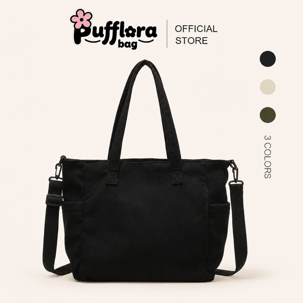 Pufflora กระเป๋าผ้าลูกฟูก กระเป๋าสะพายข้าง กระเป๋าถือ รุ่น Multi-Way Bag ใบใหญ่ จุของเยอะ ใส่A4/iPadได้ สไตล์เกาหลี