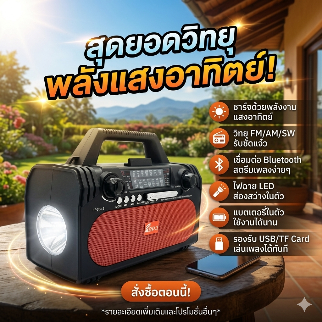 "NEW" ☀️วิทยุโซลาร์เซลล์บลูธูท FP-262 BT-S เสียบเมม/แฟลชไดร์ฟได้ มีไฟฉาย มีแบตในตัว