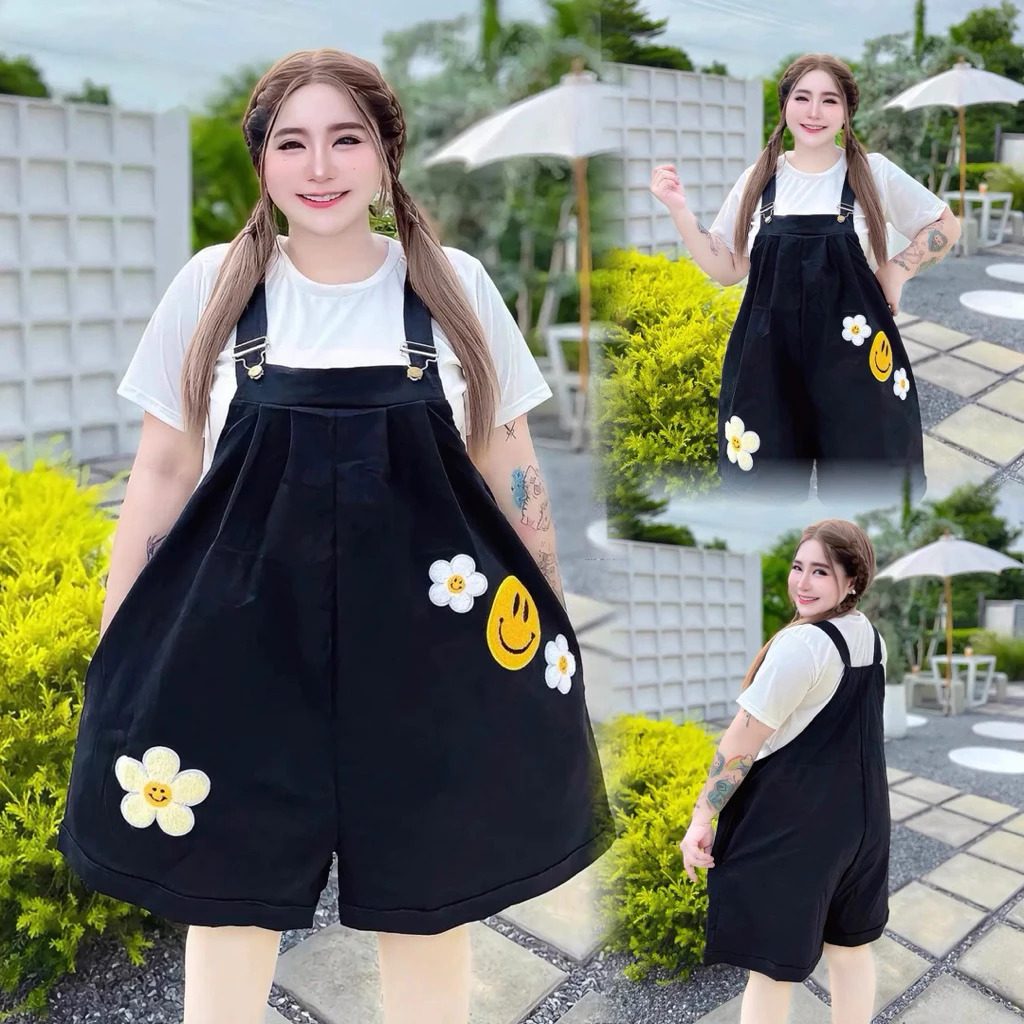S63เอี๊ยมกางเกงขาสั้นทรงหมีแต่งอาร์มยิ้ม&ดอกไม้ รอบอก38-52นิ้ว ผ้าบาร์บี้ กระเป๋าใข้งานได้จริง เอี๊ยมพลัสไซส์