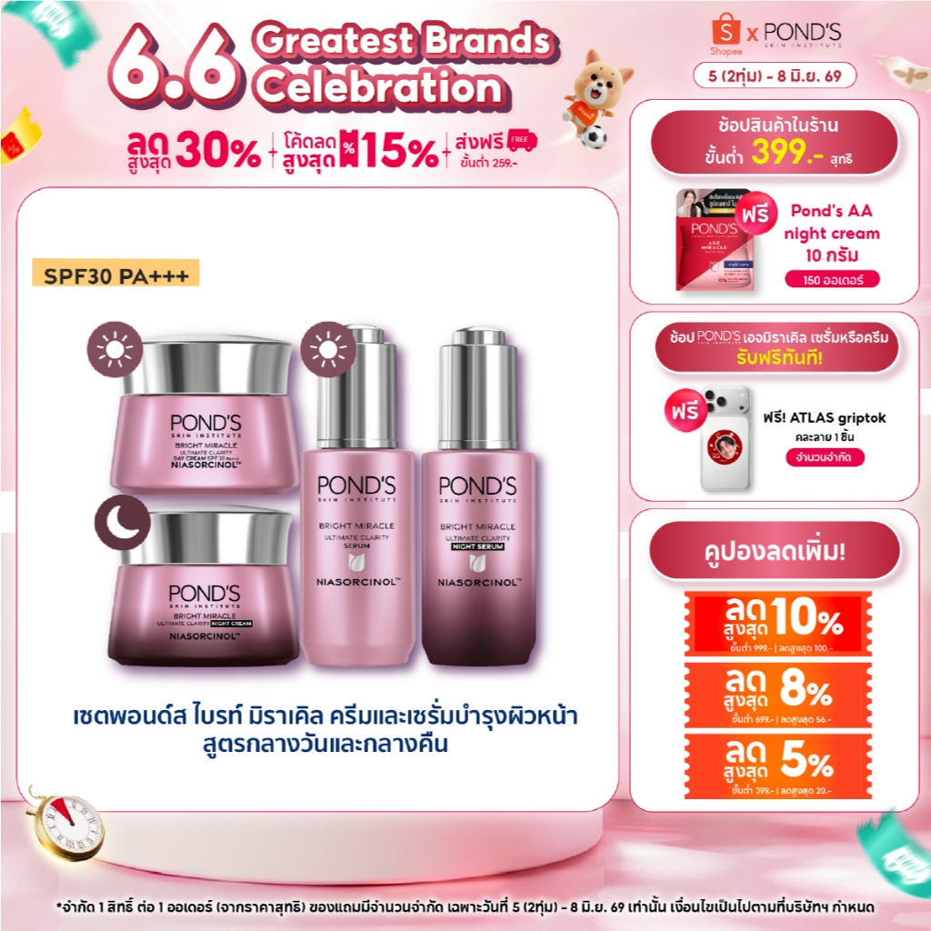 พอนด์ส ไบรท์ มิราเคิล เซรั่มและครีมหน้าใส สูตรกลางวัน spf30 และกลางคืน กู้หน้าโทรม ลดฝ้าแดด อัพผิวใส พร้อมกันแดด ไนอาซอร