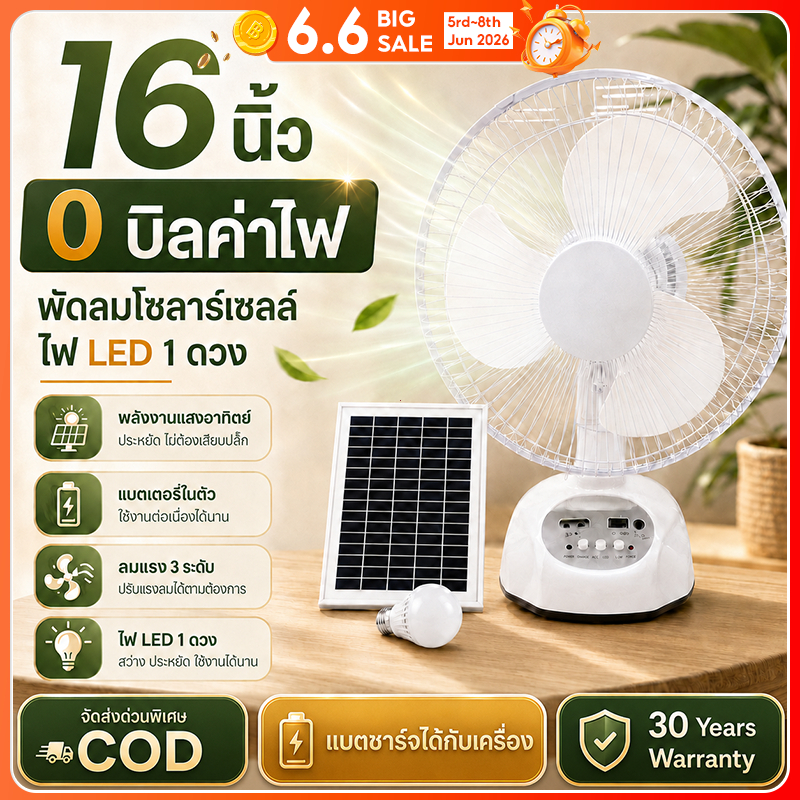 [รับประกัน 30 ปี]พัดลมโซล่าเซล 12นิ้ว-16 นิ้ว นิ้วพัดลมแบบพกพาแบตเตอรี่ในตัวพร้อมไฟ LED ดวง พัดลมตั้งโต๊ะ พัดลมตั้งพื้น