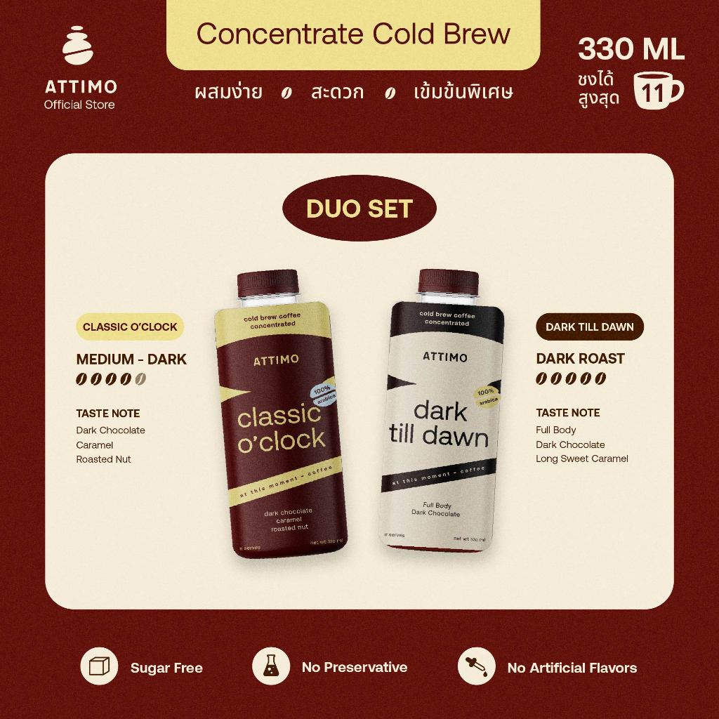 [เซตคู่] กาแฟสกัดเย็นเข้มข้น 2 ขวด ATTIMO Duo – Classic O’Clock + Dark Till Dawn