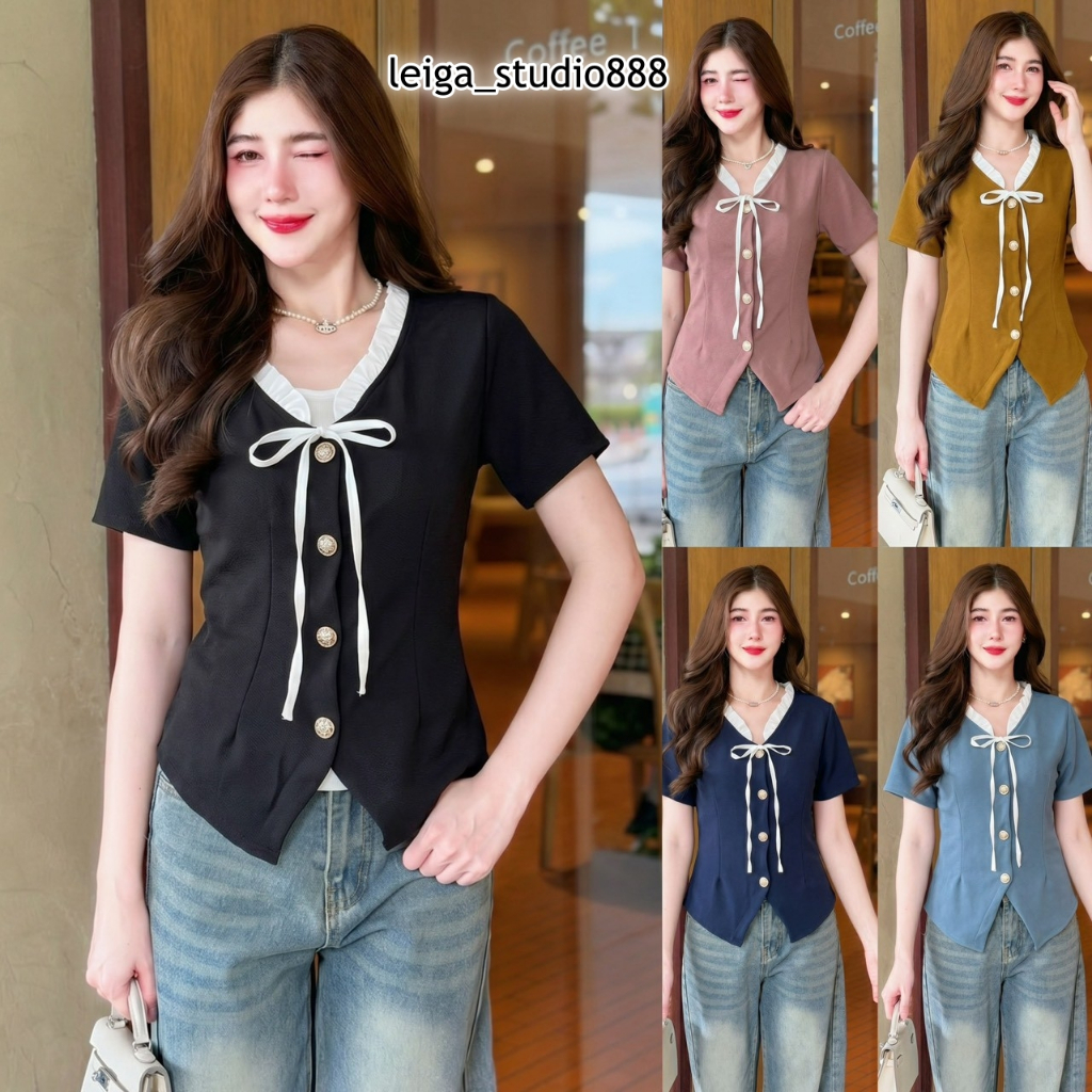 เสื้อแฟชั่น ผ้าวูลเวฟ ทรงเข้ารูป คอวีแต่งระบาย กระดุมหน้า ผูกโบว์อก ใส่ทำงาน T023
