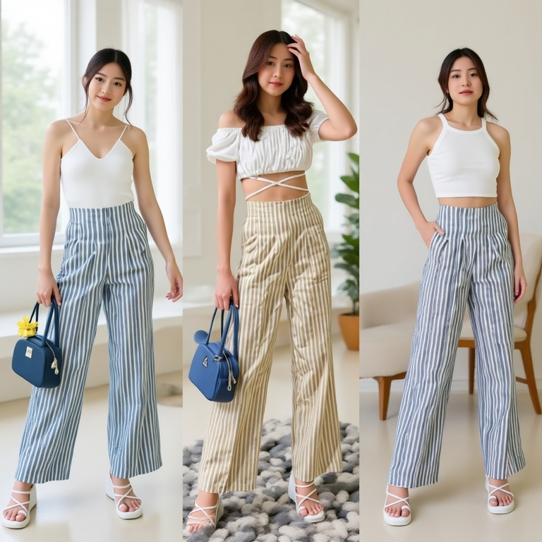Lionshopfashion กางเกงลินินริ้วผสมฝ้ายใส่สบายไม่ร้อน ทรงกระบอกเอวสูงซิปหลังใส่แล้วดูเพรียวเก็บทรงสวย
