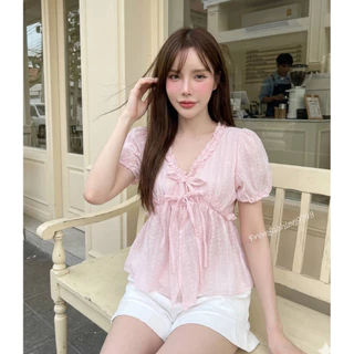@PREM เสื้อคอวีลายดอกไม้ผ้าโรซี่ สวมใส่บาย อก32-38 เหมาะกับเที่ยวSummer🌞🌸