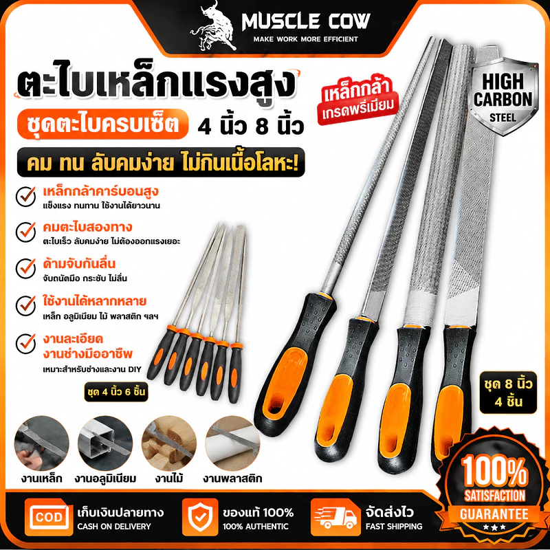 MUSCLE COW ตะไบเหล็กแรงสูง ชุดตะไบแบน ตะไบกลม ขนาด 4/8 นิ้ว ใช้ลับคมและขัดผิวได้ คุณภาพดี