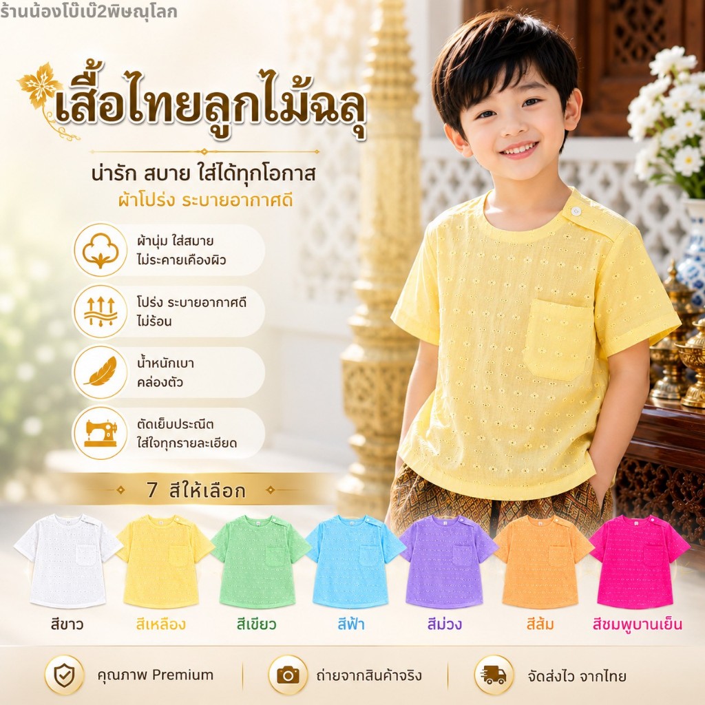 เสื้อฉลุเด็กชาย เสื้อลูกไม้เด็กชาย เสื้อไทยเด็ก เนื้อผ้าระบายอากาศได้ดี ใส่สบายไม่อึดอัด