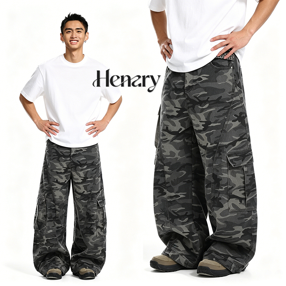 【พร้อมส่ง】Henry กางเกงยีนส์ลายพรางทรงบากกี้ Unisex มีกระเป๋าแคมป์ปิ้งใหญ่ สไตล์ไฮสตรีทอเมริกัน ผ้าเดนิมหนาใส่ปกปิดสะโพก