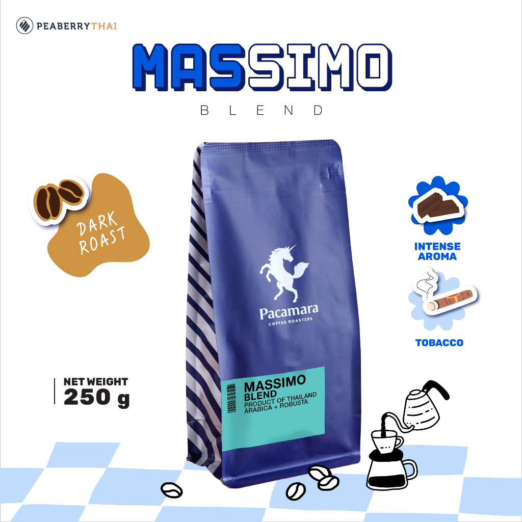 Pacamara Massimo Blend 250g เมล็ดกาแฟอาราบิก้า+โรบัสต้า คั่วเข้ม ขนาดบรรจุ 250 กรัม