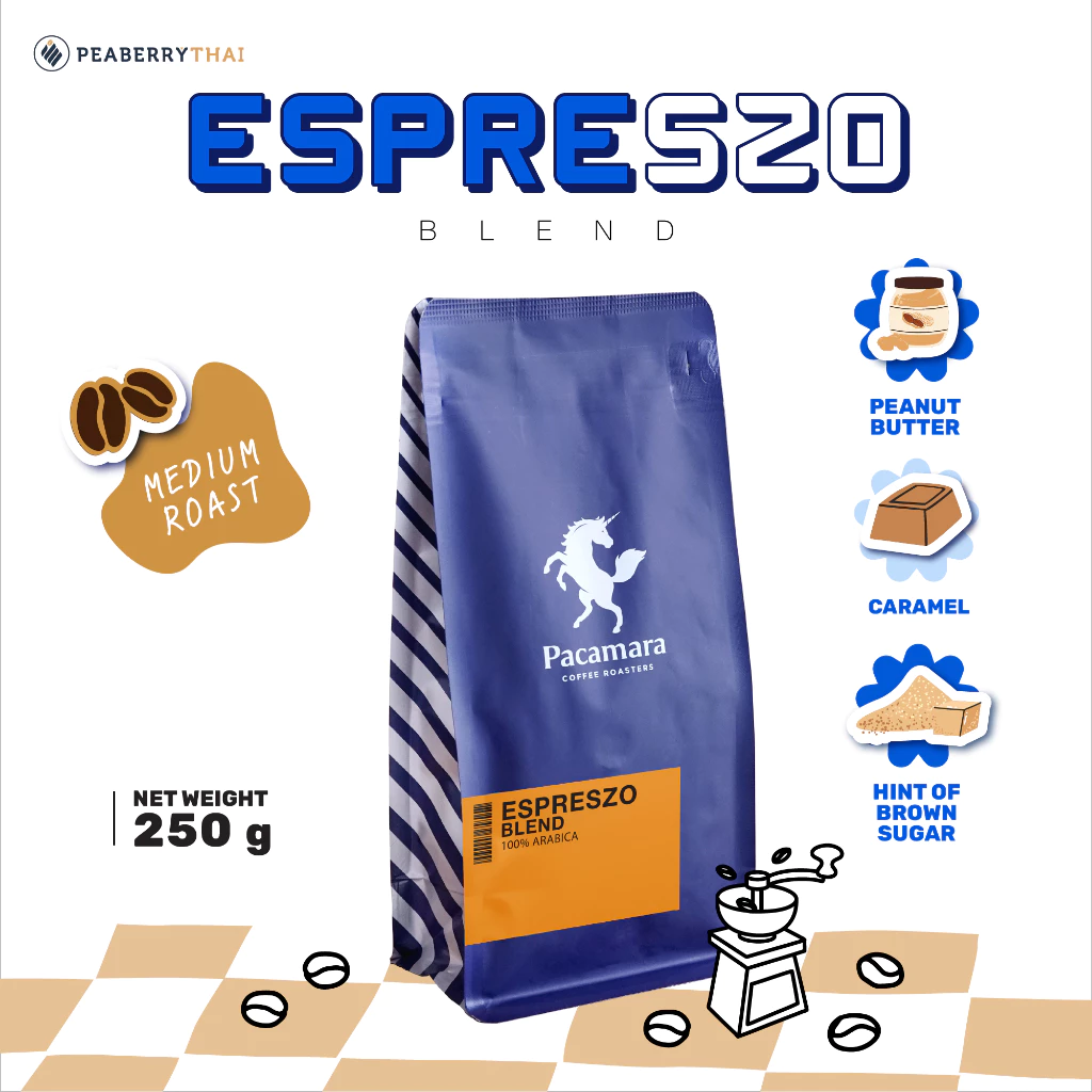 Pacamara Espreszo Blend 250g เมล็ดกาแฟไทย+ต่างประเทศ อาราบิก้า 100% คั่วกลาง ขนาดบรรจุ 250 กรัม