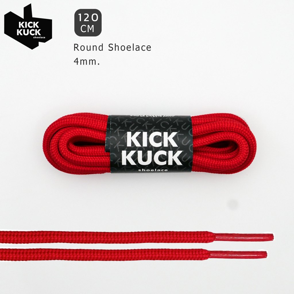 (แน่นละเอียด ไม่ย้วย) เชือกรองเท้าสีแดง (Red) (Kickkuck) ทรงกลม สำหรับรองเท้ากีฬาและลำลอง กว้าง 3mm., ยาว 120 cm.