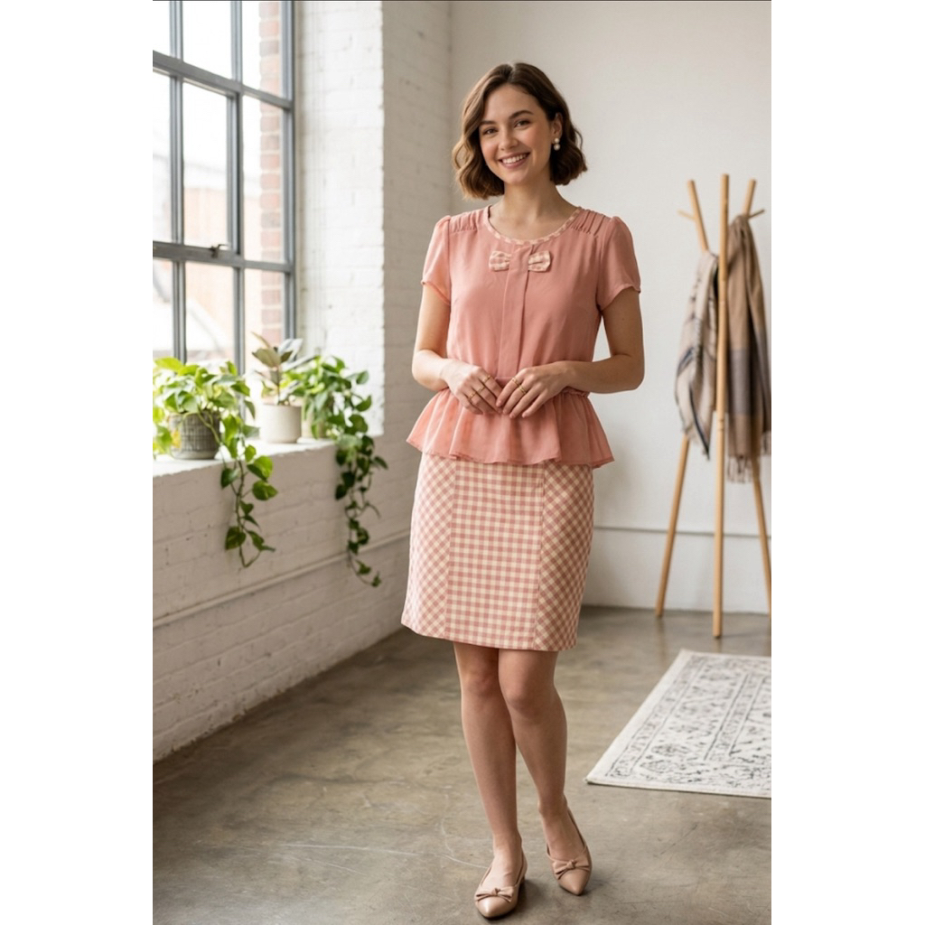 เดรสสั้นคุณหนู GK Dress by Gallery Kloset สีชมพูพีช ต่อกระโปรงลายสก็อต มีระบายเอว Peplum สไตล์เกาหลี